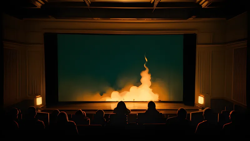 A painted mansion fresco lit by torchlight, rendered as a repertory cinema poster in teal and amber