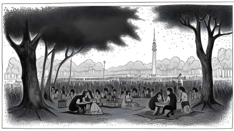 A Copenhagen park festival stage over a picnicking crowd sprawled under trees