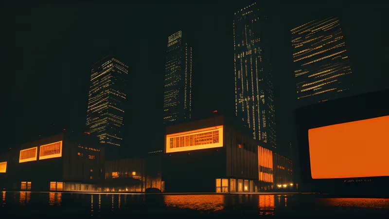 Rain-slicked isometric city blocks glowing in burnt orange phosphor with heavy scanlines and grain