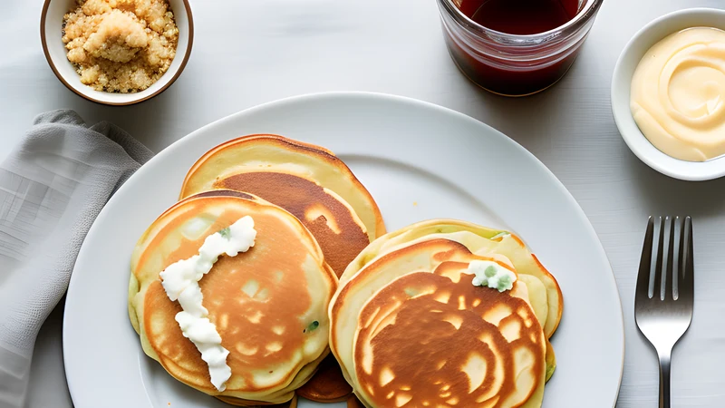Small thick golden pancakes stacked on a plate with soured cream and a spoonful of dark cherry jam