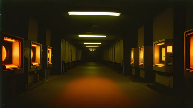A corridor of dead terminals with one still blinking a log entry, amber phosphor in the dark