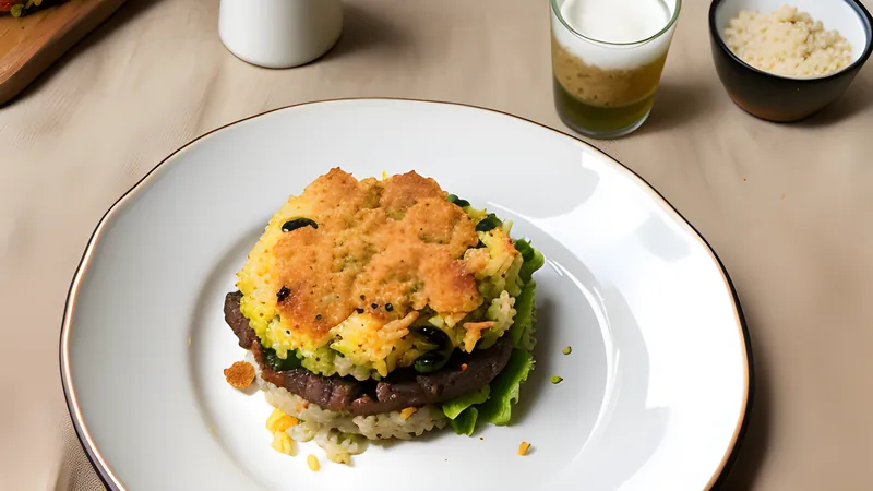 A golden pan-fried tacu tacu patty topped with steak, a fried egg and salsa criolla