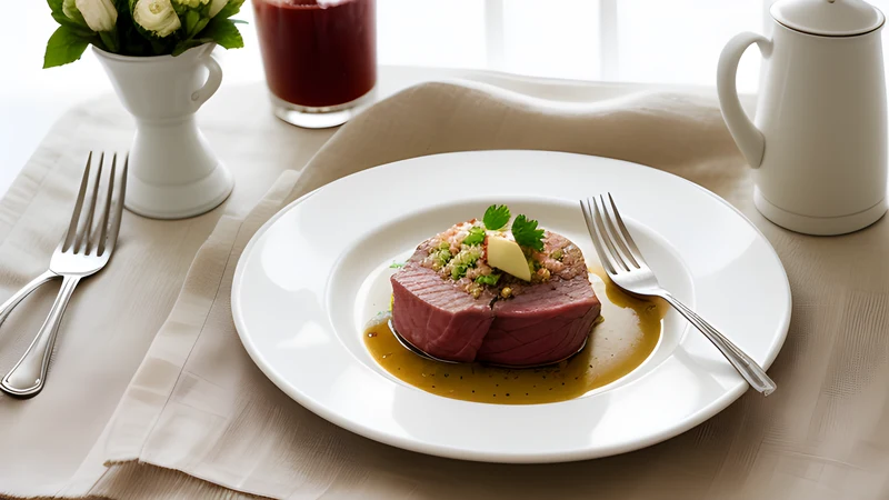 Slices of pale boiled beef in clear broth in a copper pot, with a bowl of white apple horseradish alongside
