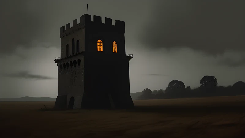 An empty fortified stone tower at night with beams of light routing straight past it