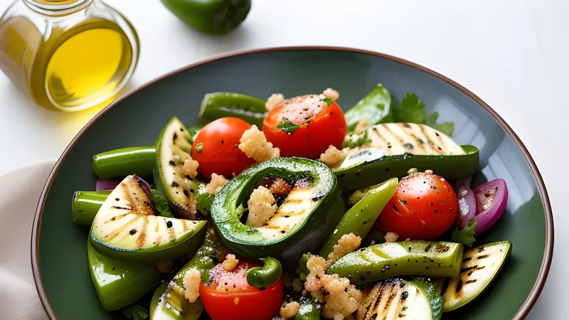Glistening green pepper and tomato salad in a shallow dish with olive oil pooling at the edges