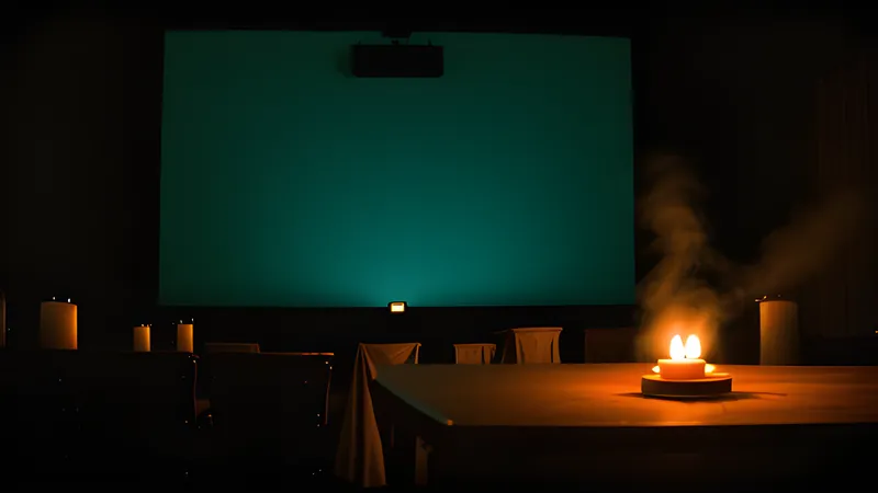 An embalmed ceramic hand resting on a table, lit from below by candles
