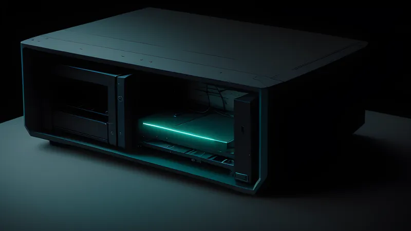A sealed, featureless server chassis with no ports except a single glowing API socket