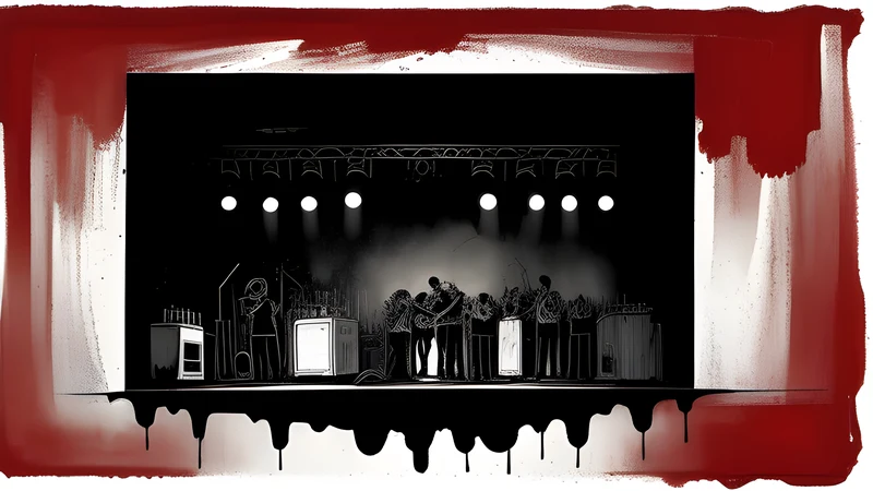 Ink illustration of a small-town brewery-turned-venue stage in Køge with a close crowd, crimson spot colour against grit