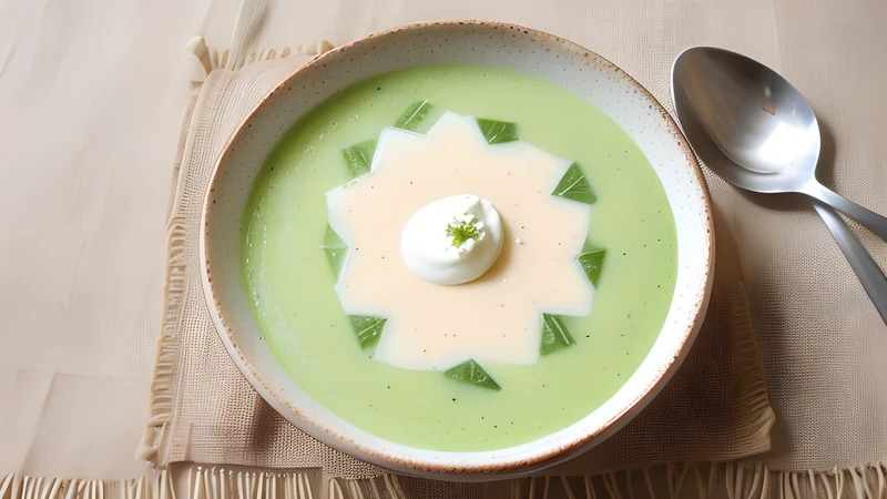 A shallow bowl of pale green-white cold yoghurt soup with diced cucumber, crushed walnuts and dill, an ice cube half-melted on top