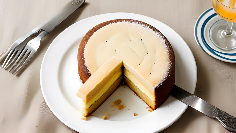 A flat golden almond cake dusted with icing sugar showing the clean outline of a cross-shaped sword