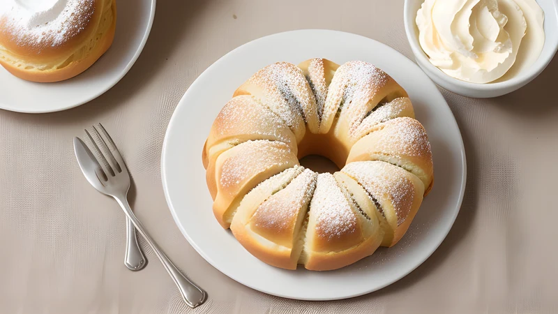 A pearl-sugar brioche split and filled with thick pale cream, one wedge cut away on a linen cloth