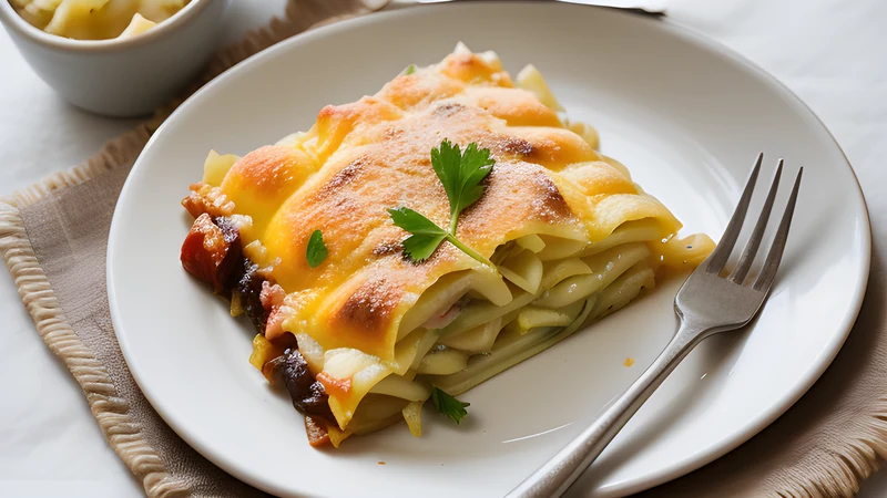 A brown earthenware dish of potato and bacon gratin under a blistered, bubbling layer of melted Reblochon