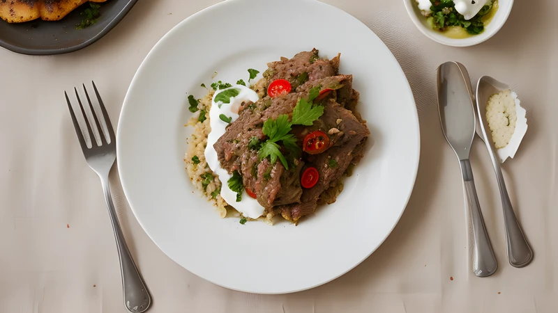 A baking dish of lamb under a puffed, golden-brown set yoghurt custard, one portion lifted out on a plate
