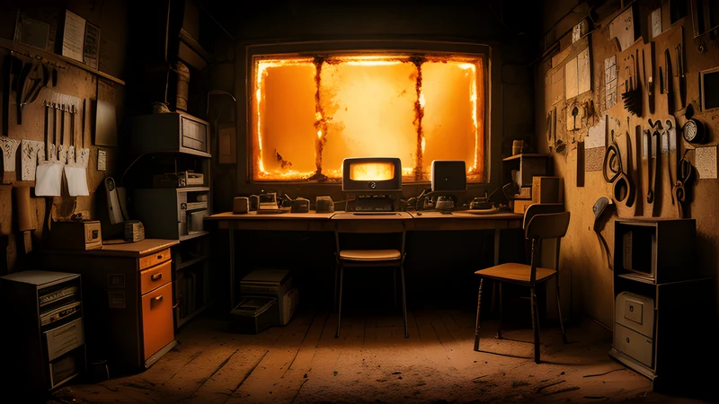 A cluttered workshop bench of hand tools laid out under warm amber light, phosphor glow and heavy grain