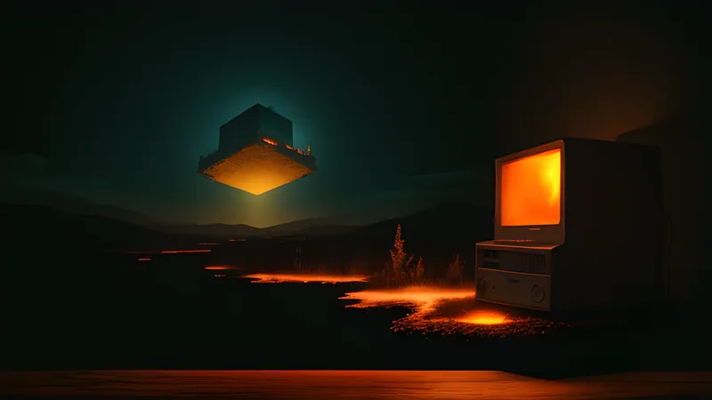 A floating sky island above a physics-toy landscape, rendered in CRT amber glow