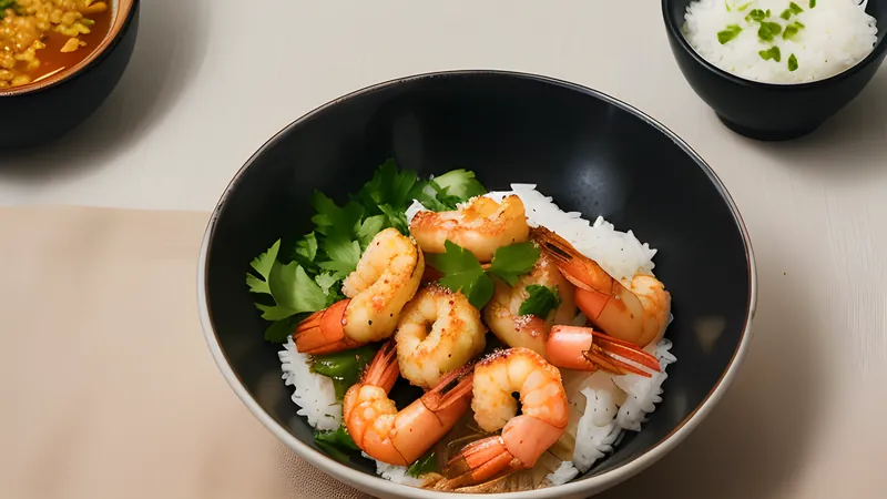 A bowl of tendon with crisp tempura prawns glazed in tentsuyu sauce over rice