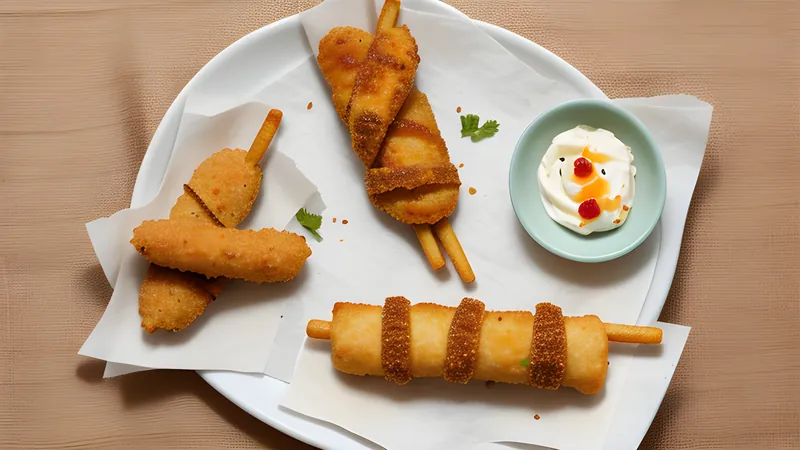 A pile of golden fried tequeños cheese sticks stacked on a wire rack