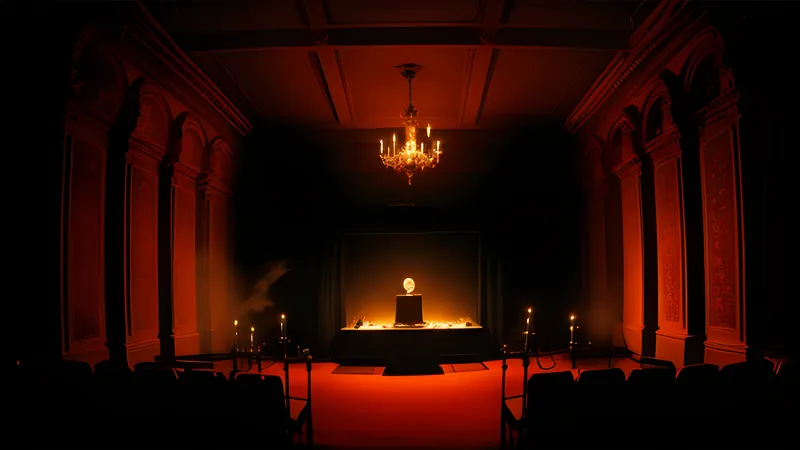 A crimson-lit gothic crypt with a toppled candelabrum and a splash of colour