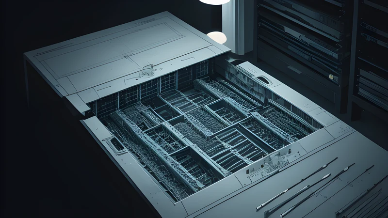 Architectural blueprints on a dark table, a server rack rising out of the lines as they are drawn