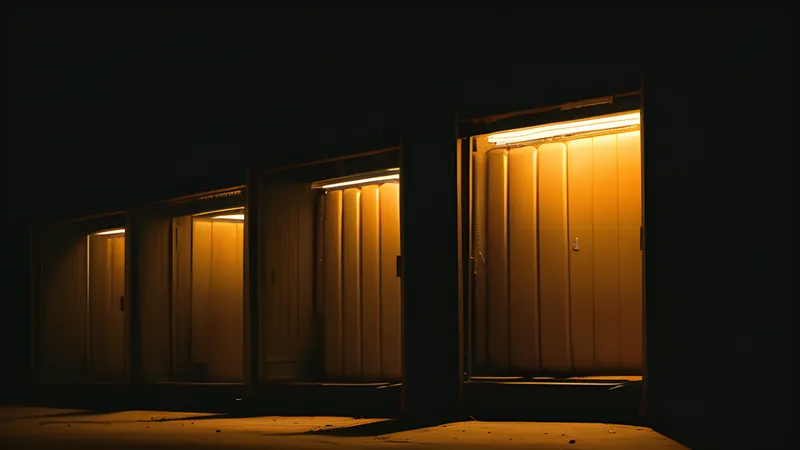 A stack of four glowing drive bays humming quietly in cold dim storage light
