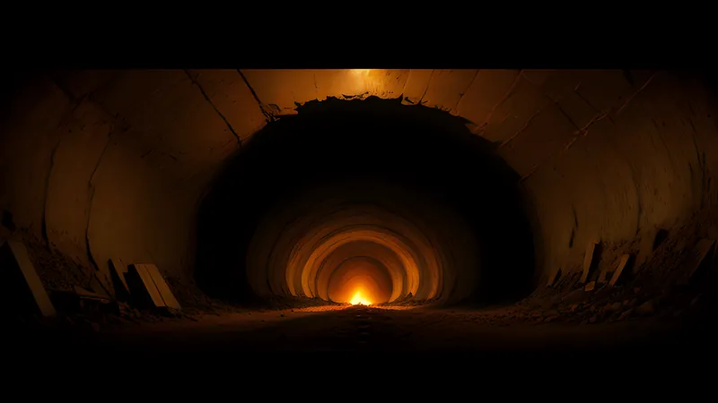 A cross-section of layered earth riddled with tunnels and glowing ore