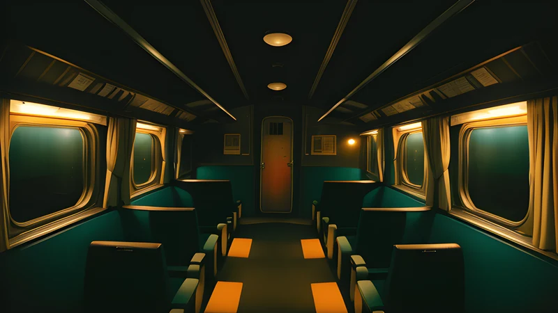 A dim train carriage interior with carnival masks hanging in a row along the wall