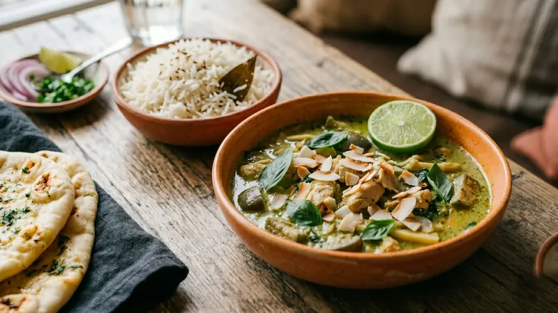 Thai Green Curry with Roasted Coconut and Kaffir Lime