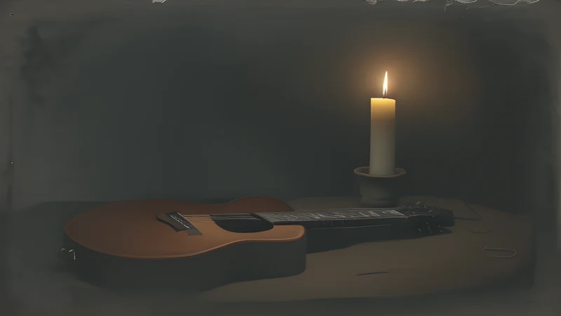 A broken guitar and a single lit candle among faded backstage passes on a dark table