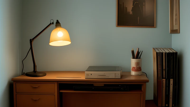 A wall of numbered disc slipcases lit like a reliquary, teal and amber projector light cutting through smoke, heavy grain