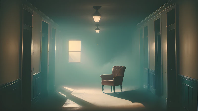 A stark symmetrical cinema lobby with a single lit doorway, teal and amber palette, projector light through smoke, heavy grain