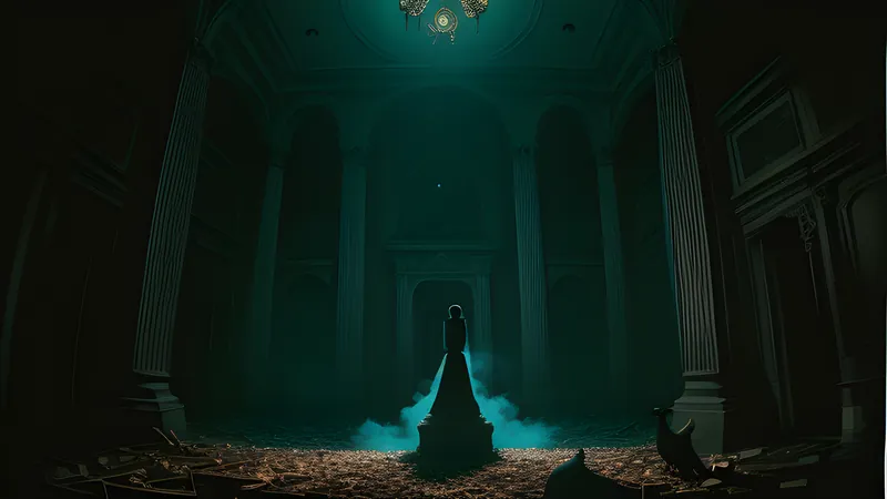 A crumbling gothic mansion interior with a cobwebbed candelabra and a raven perched on a marble bust, lit in teal and amber