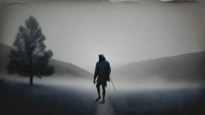 A wild hominid figure crossing a cold Central Asian steppe under a pale sky