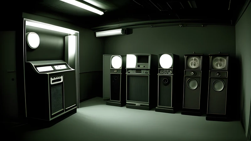 A dim apartment with a lit jukebox and a cowboy hat resting on its lid