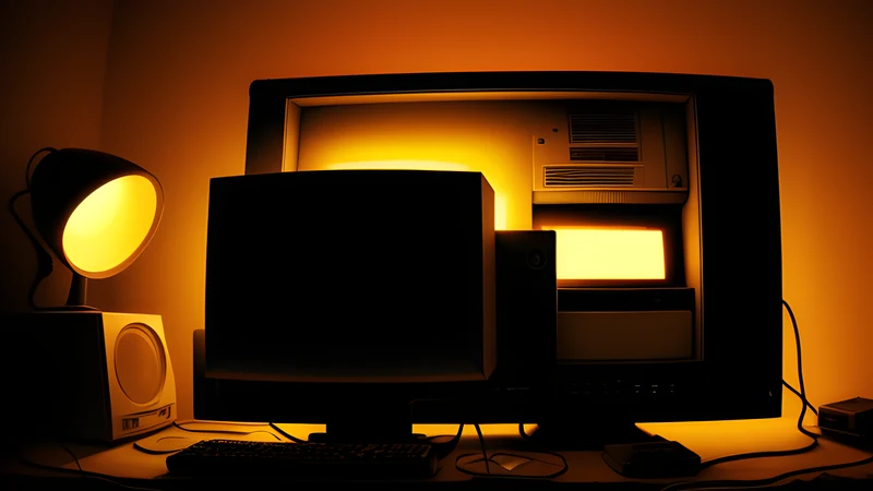 A stack of floppy disks glowing under amber CRT light, labels catching the phosphor bloom in a dark room