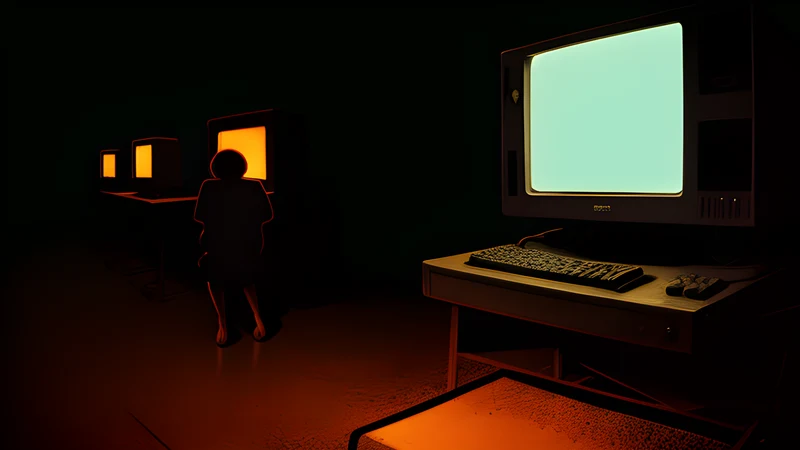 Sprite silhouettes standing on layered platforms receding into amber CRT haze and scanlines