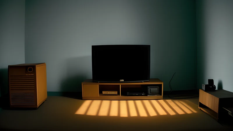 A row of switched-on television sets in a dark room, projector light hanging in the smoke, teal and amber repertory poster styling