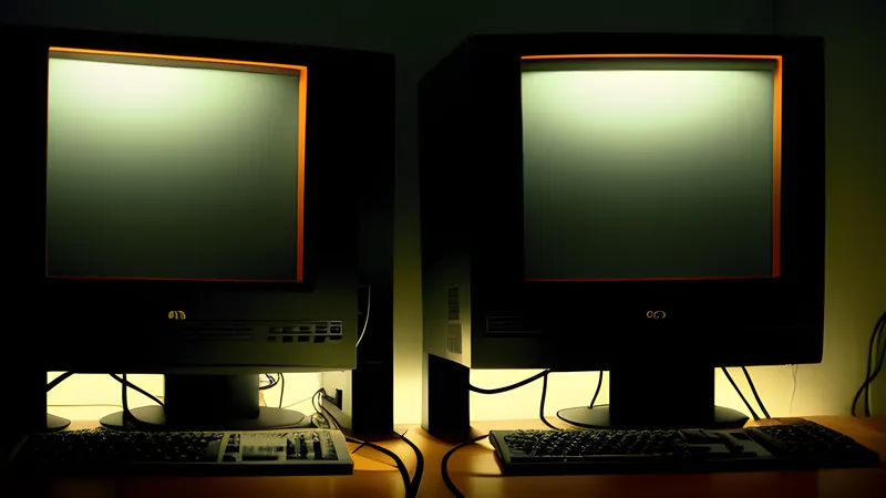 Two computer screens back to back casting rival coloured glows across a dark room