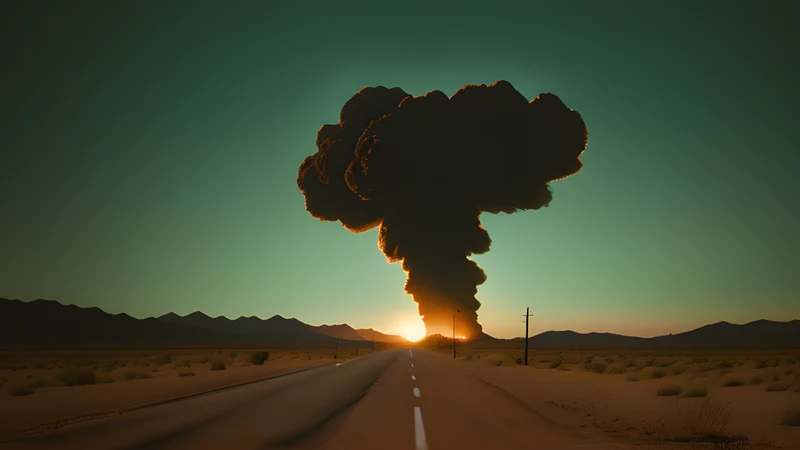 A vast silhouetted claw over a desert test tower, teal and amber, projector light through smoke