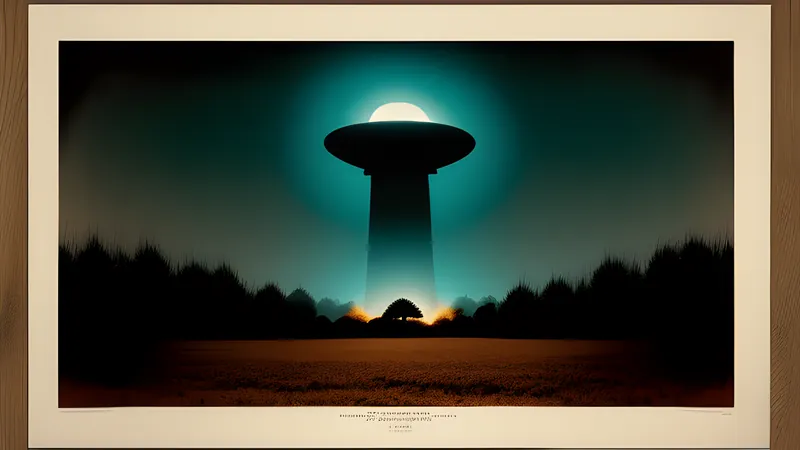 An enormous shadow rising over a desert test range beneath a mushroom-lit sky