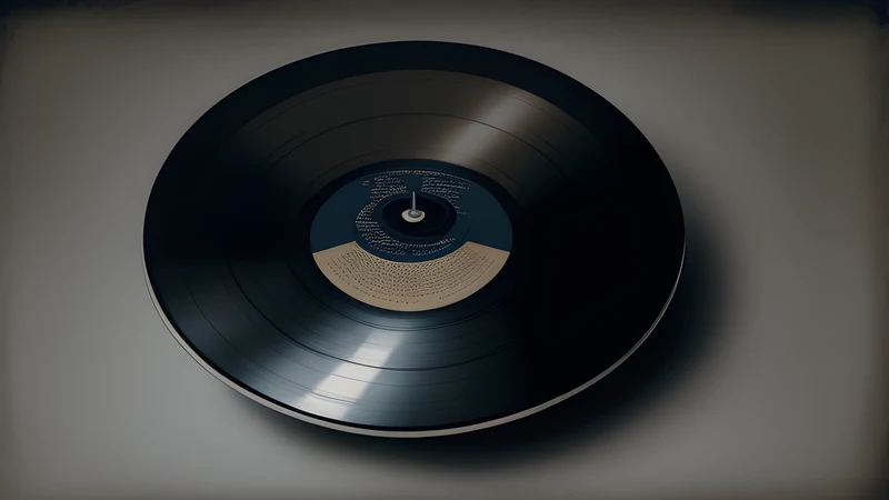 A reversed spinning record with faint ghostly lettering hovering above it beside a warning pamphlet