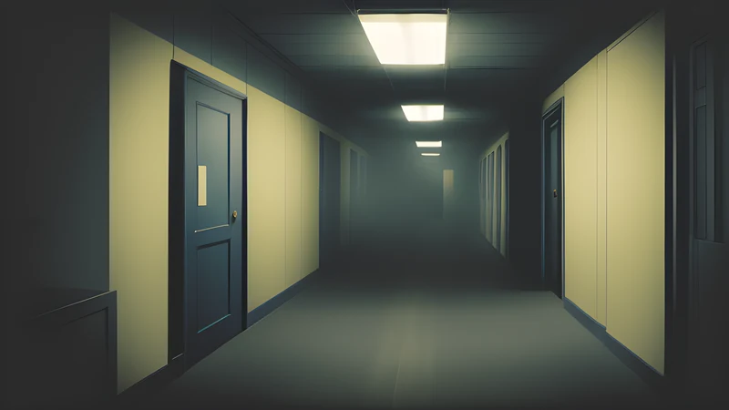 An endless empty office corridor of yellow walls and damp carpet under humming fluorescent lights