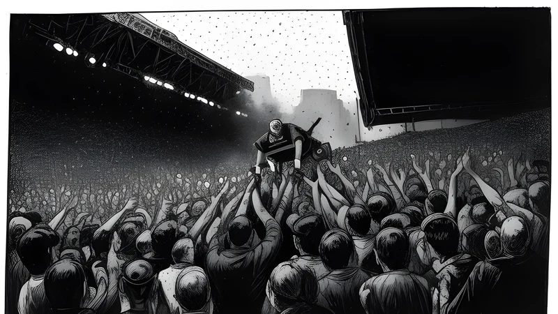 Silhouetted security crew reaching over a crash barrier to catch a crowd-surfer under stage light, bold editorial ink.