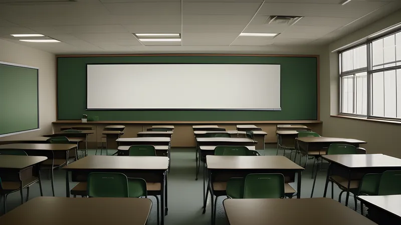Rows of green-glowing classroom screens lined up at dusk after the pupils have gone