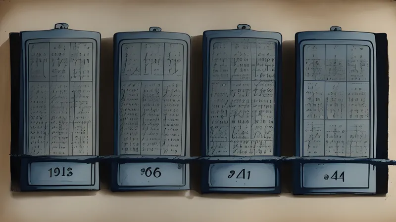 Three sheets of numbered cipher beside a locked iron box on a dark table