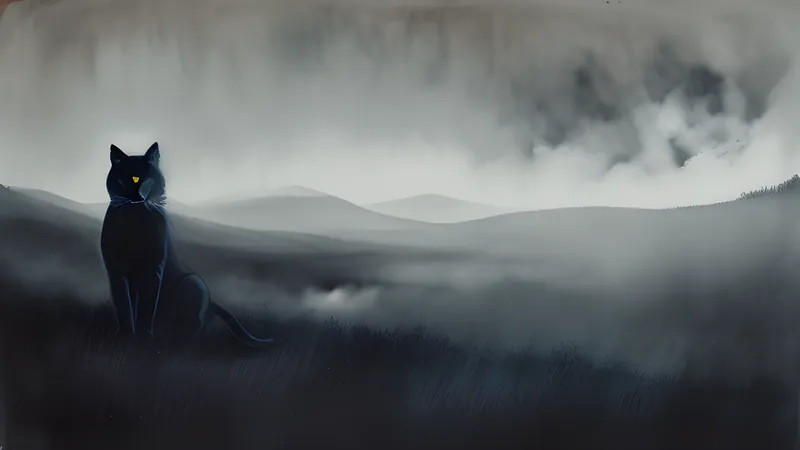 A shadowed big cat's eyes glowing in dark Cornish moorland with drifting mist