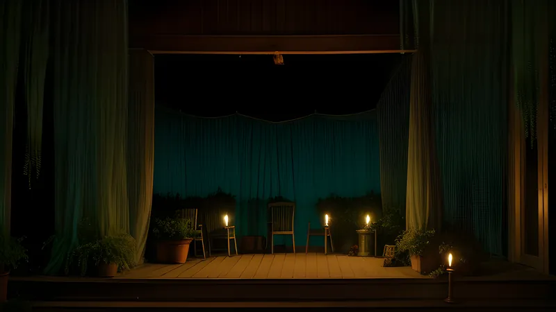 A shuttered plantation house behind wrought-iron gates in heavy mist, repertory cinema poster in teal and amber with heavy grain