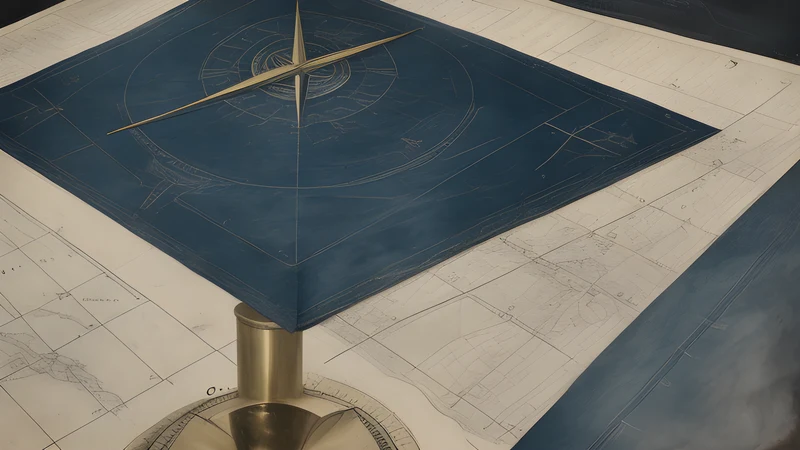 A weathered nautical chart with a shadowed triangle over dark ocean, brass compass and a pulp magazine