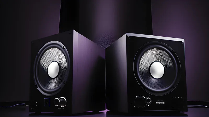A pair of invented compact speaker cabinets with exposed cone drivers and a glowing tweeter dome