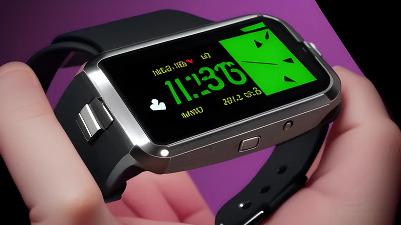 An invented smartwatch body cutaway showing a heart-rate sensor array glowing green against the skin-side surface