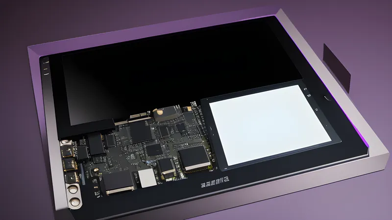 An invented slim tablet slab floating exploded into display, battery sheet and speaker grille layers